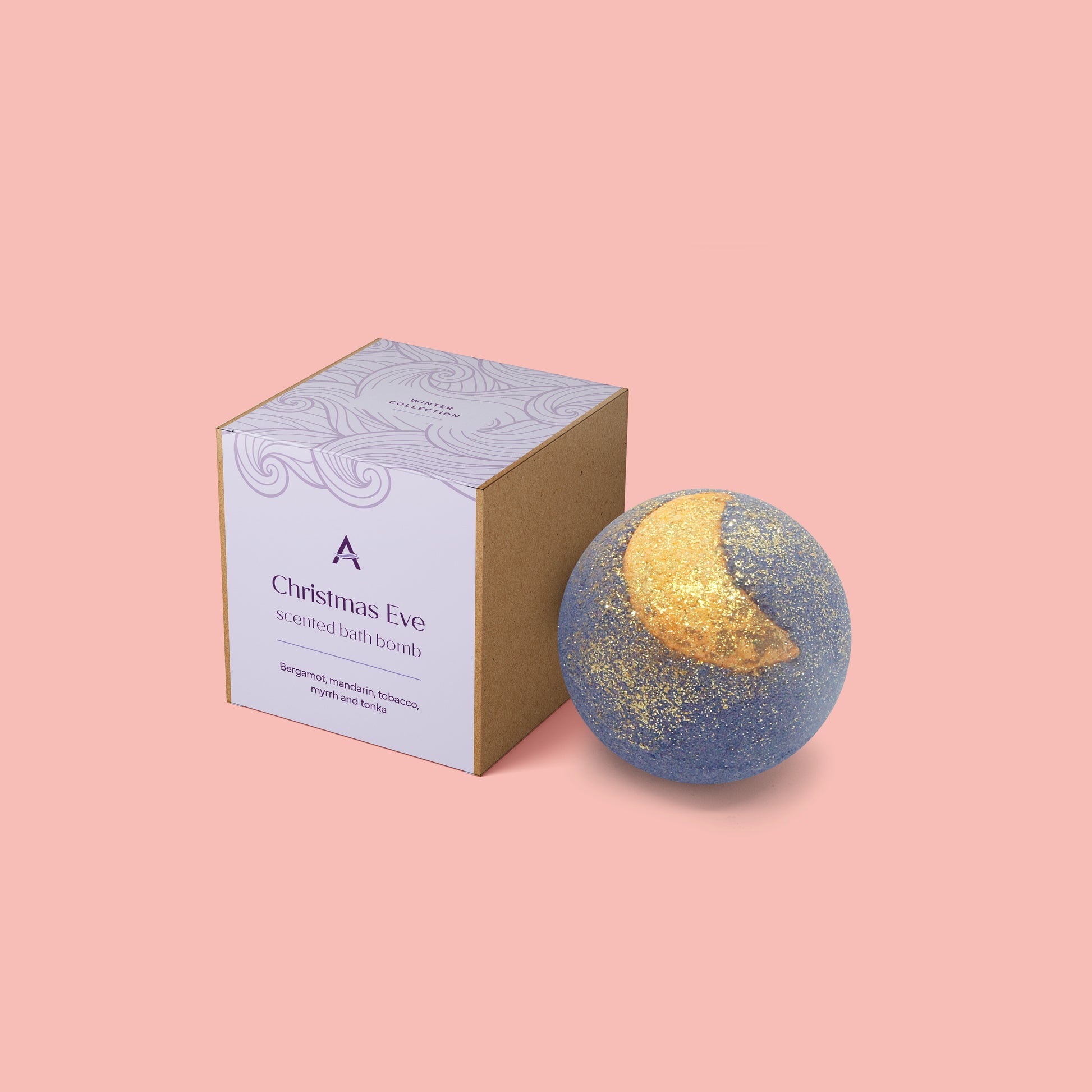 blue bath bomb with gold moon and glitter