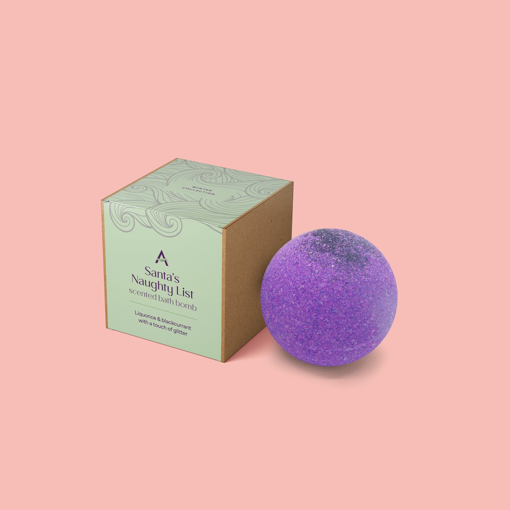 purple bath bomb with black glitter and box