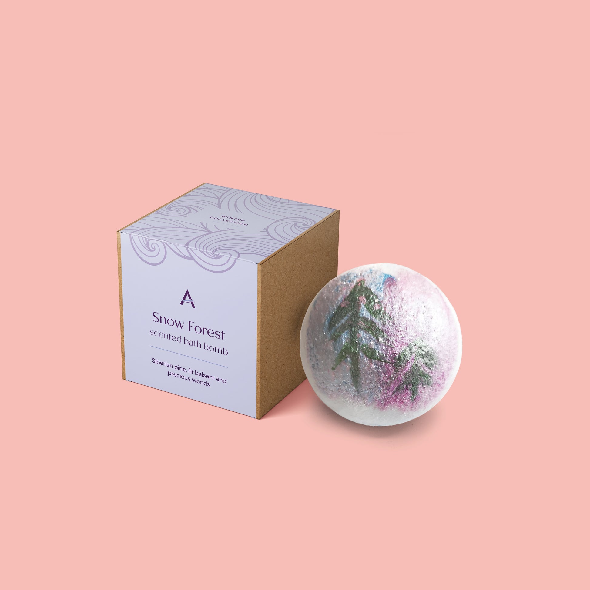 hand-painted bath bomb with winter forest scene plus box