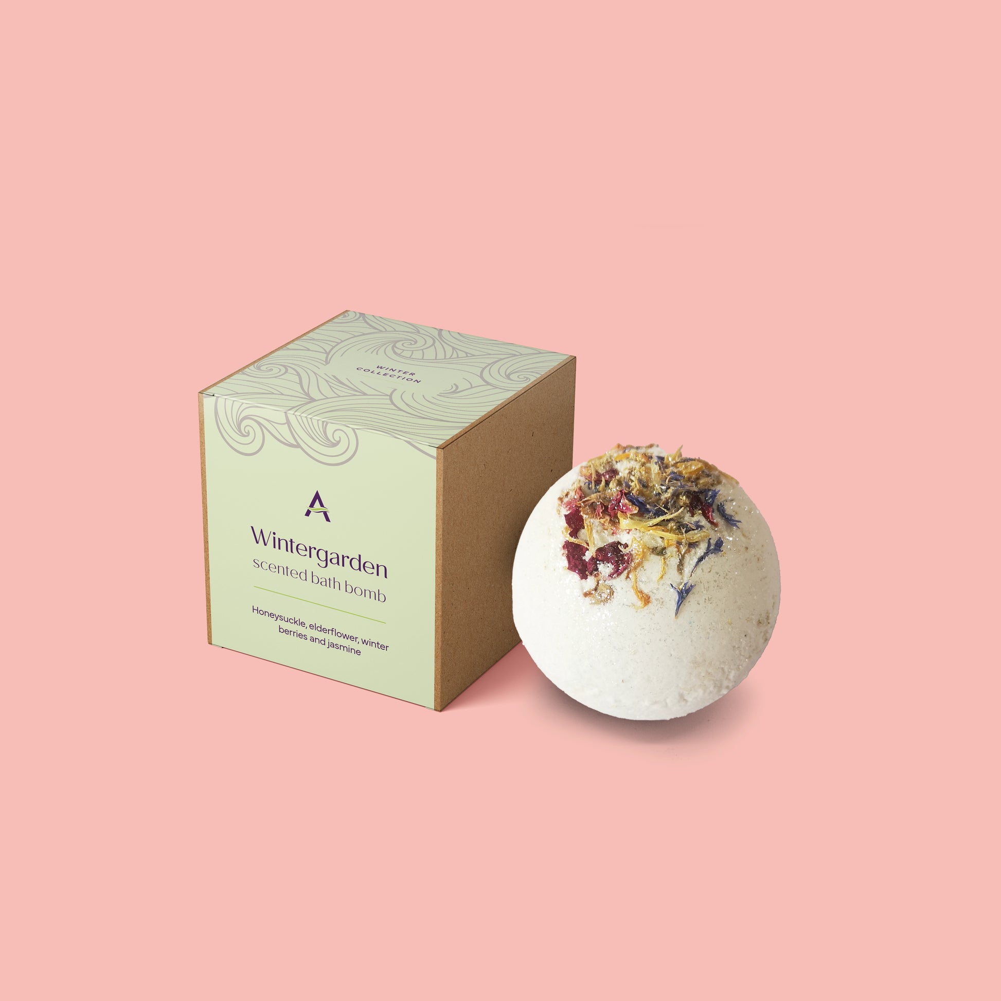 white bath bomb with botanicals and box