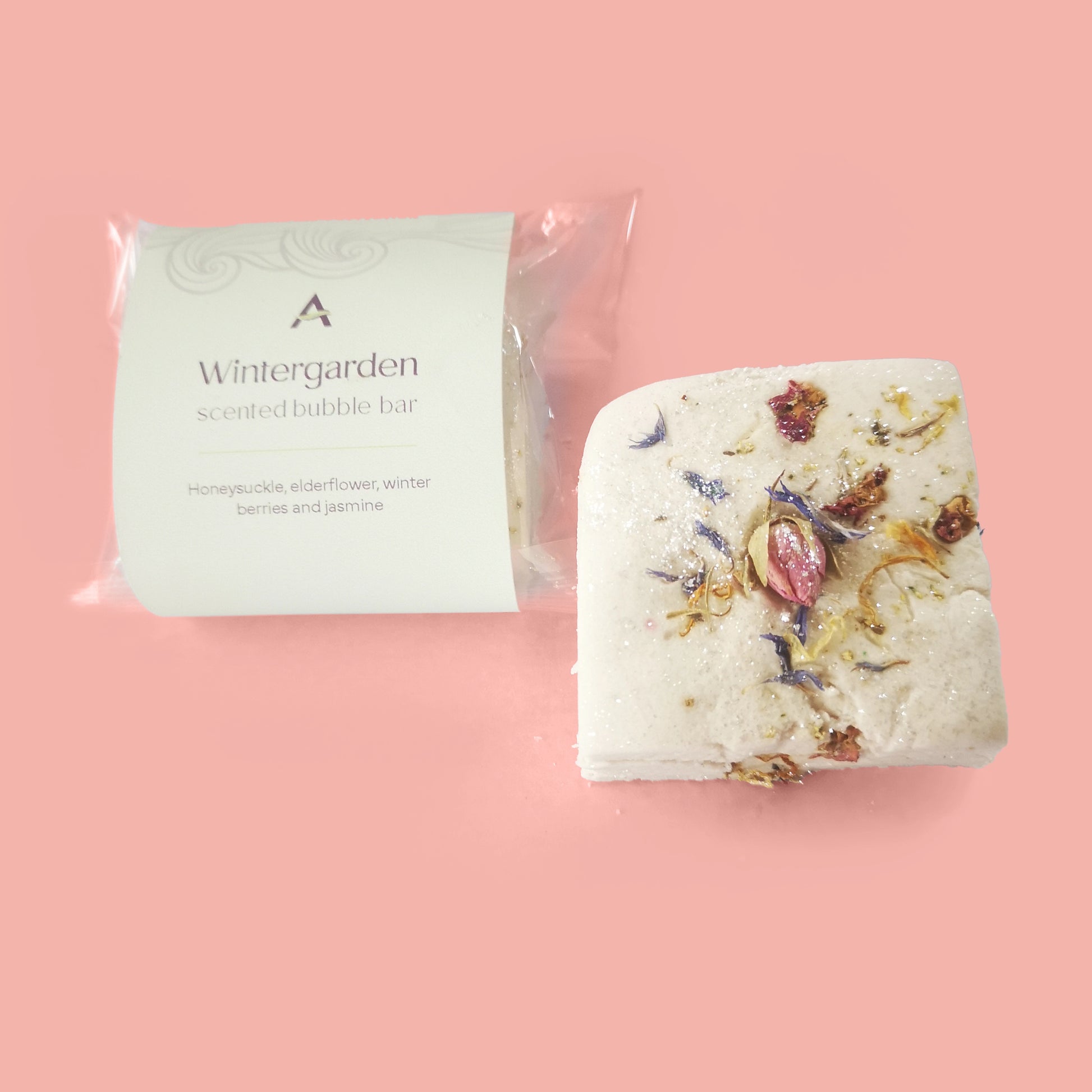 white bubble bar with dried flowers